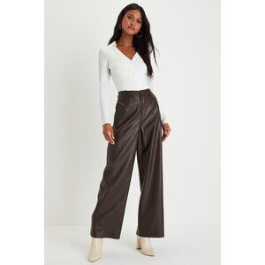 Lulus Posh Era Dark Brown Vegan Leather High-rise Wide-leg Pants